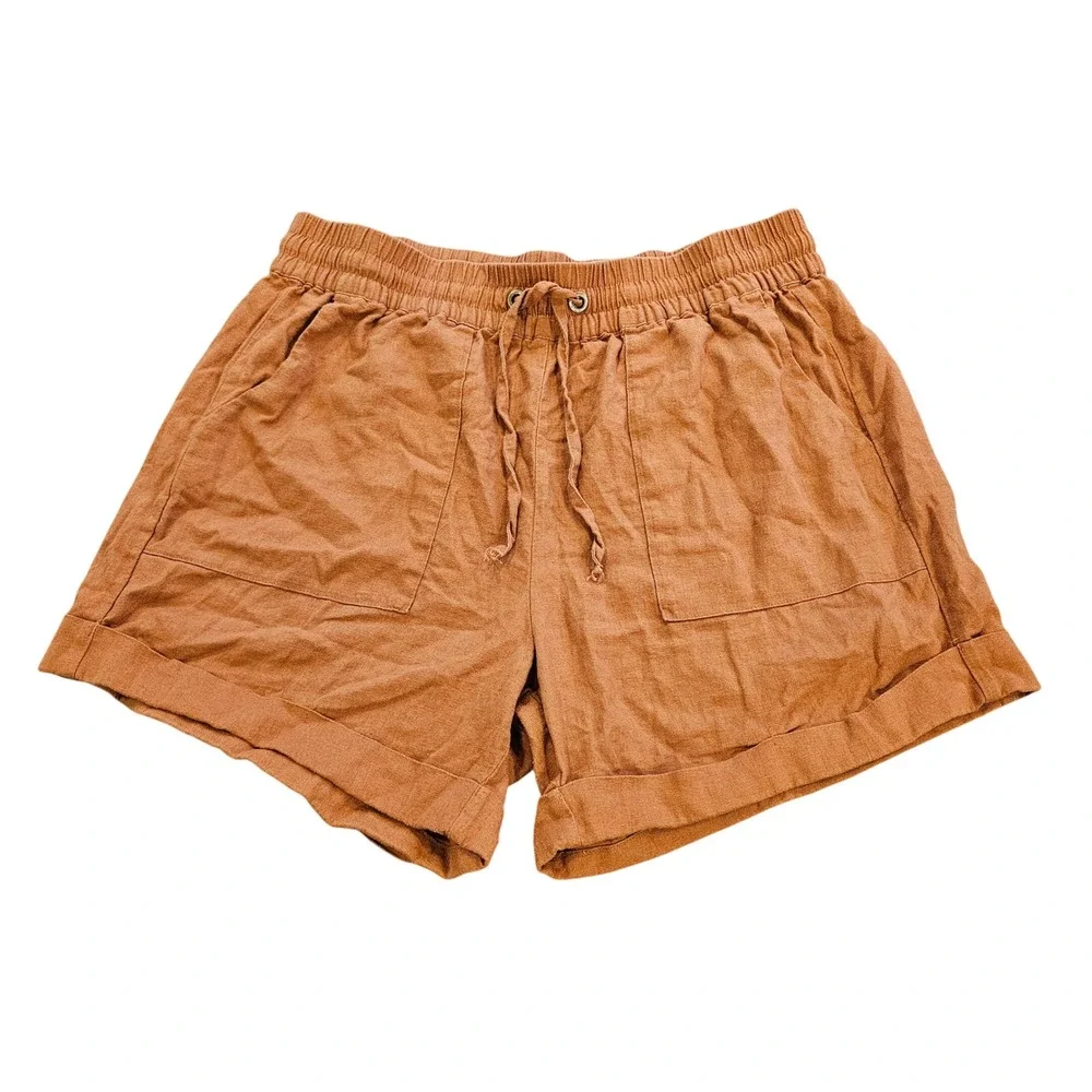 Zenana Womens Rust Linen Blend‎ Drawstring Shorts XL Terracotta Cuffed Orange